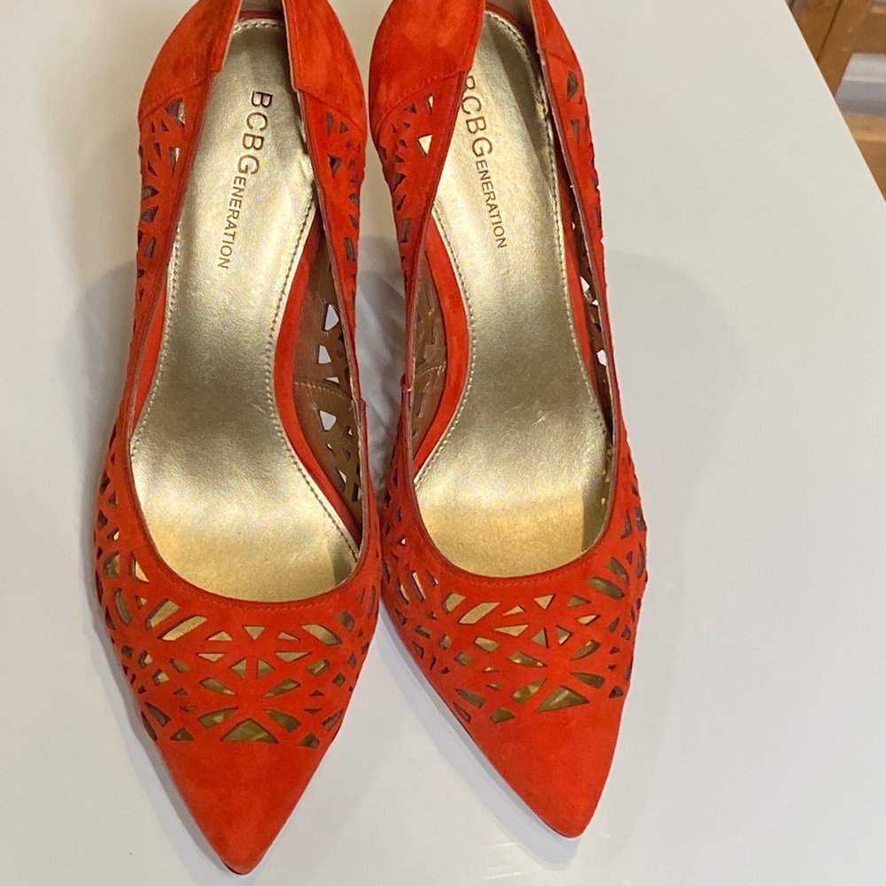 BCBGeneration Harrah Orange-Red Suede Pumps.